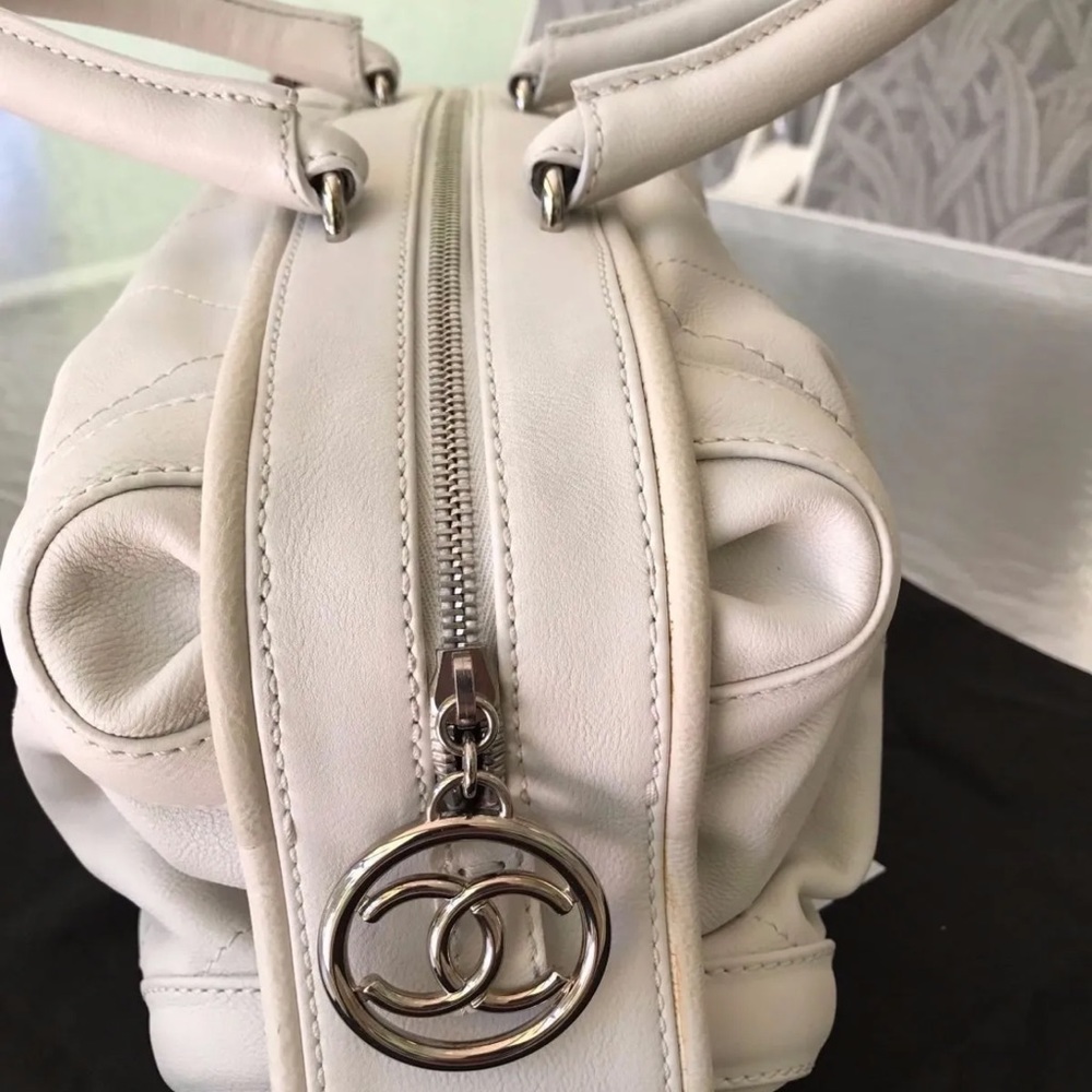 CHANEL Limited Edition Calfskin Quilted Round Bowling Bag Off White Handbag